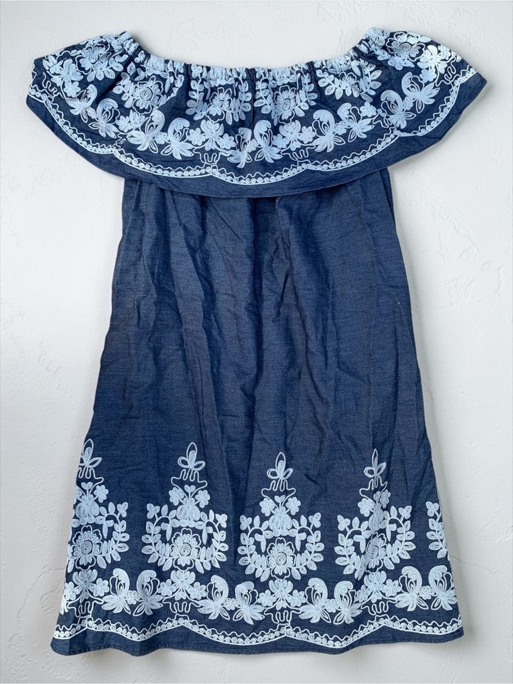 New York & Company Navy Blue Embroidered Off-Shoulder Dress Large